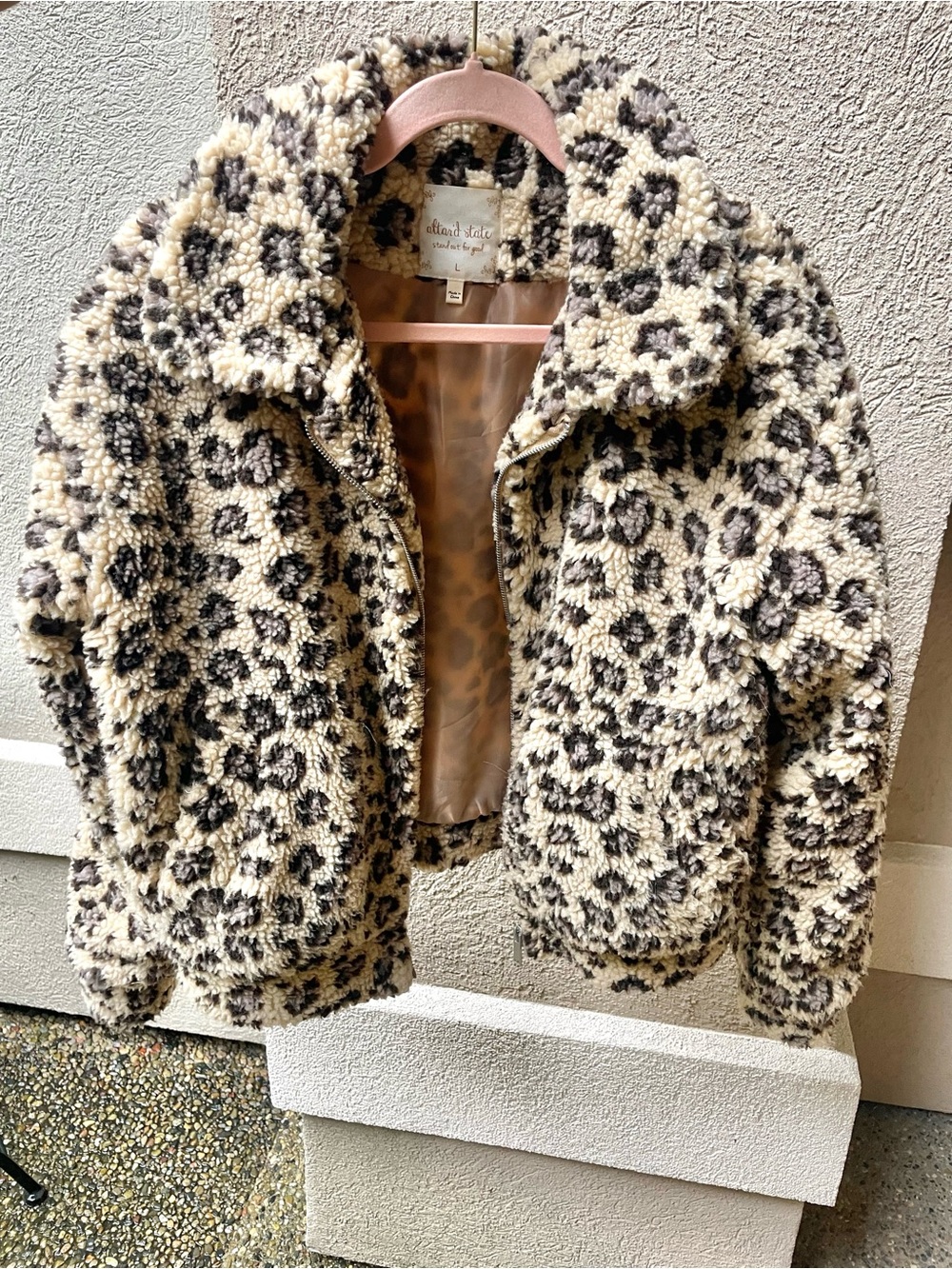Altar'd State Cream and Brown Leopard Print Teddy Jacket with pockets